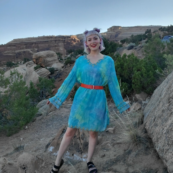 Roaman's Blue Tie Dye Beaded Chiffon Dress - Picture 10 of 14